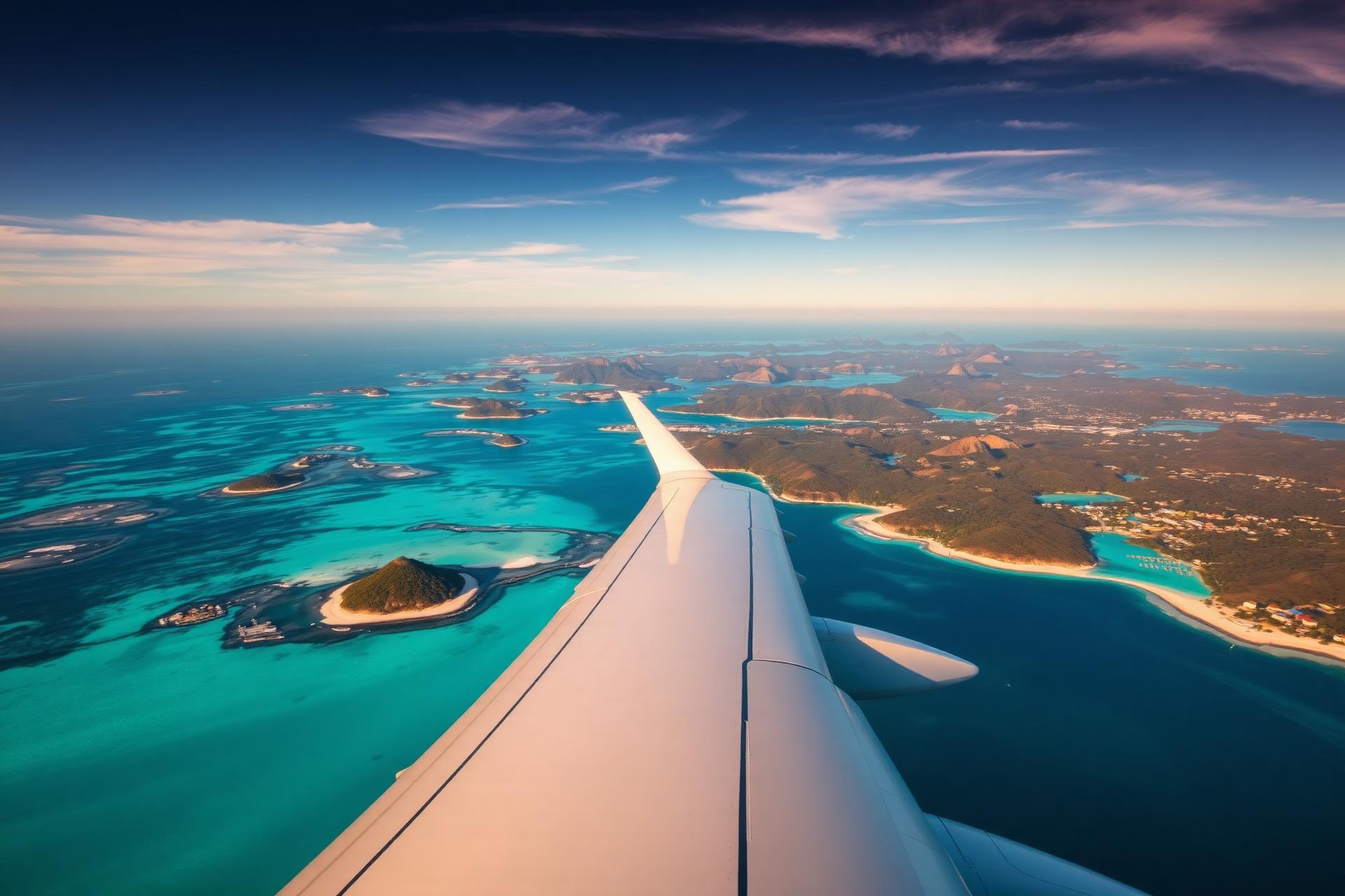 Vista aérea de avião sobre ilhas tropicais